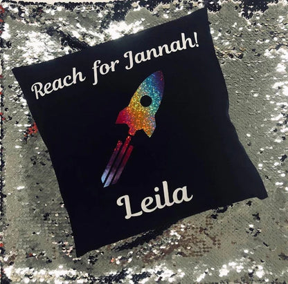 Reach for Jannah Personalised Rocket Rainbow Print Cotton Cushion