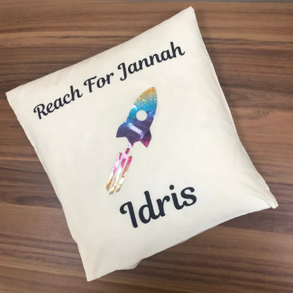 Reach for Jannah Personalised Rocket Rainbow Print Cotton Cushion