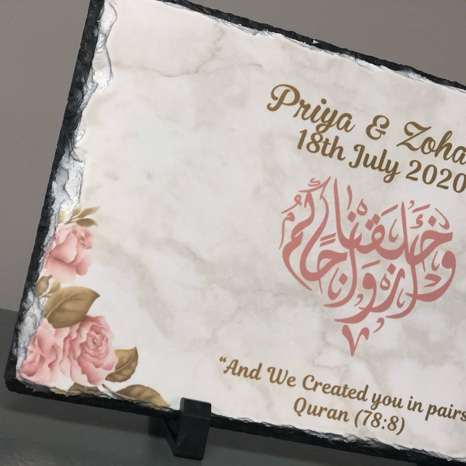 Personalised Marble effect Pink watercolour floral Rock Slate with stand -Muslim Islamic Wedding Nikkah Couple Names Date Wedding date gift