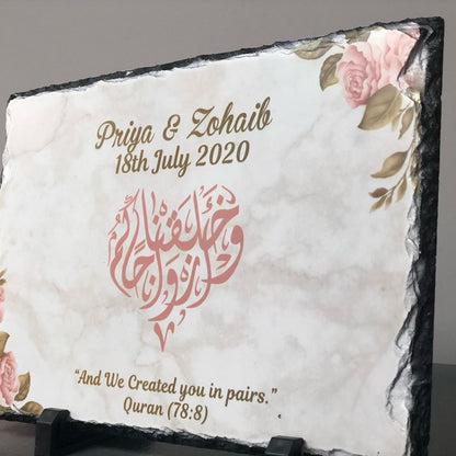 Personalised Marble effect Pink watercolour floral Rock Slate with stand -Muslim Islamic Wedding Nikkah Couple Names Date Wedding date gift