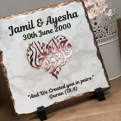 Gold Silver Rose Gold Edges Personalised Marble Effect Square Rock Slate With Stand