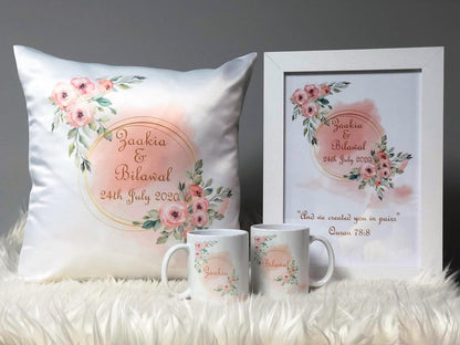 Peach Floral Wreath Wedding Gift Bundle Frame Satin Cushion Mugs Hamper Set