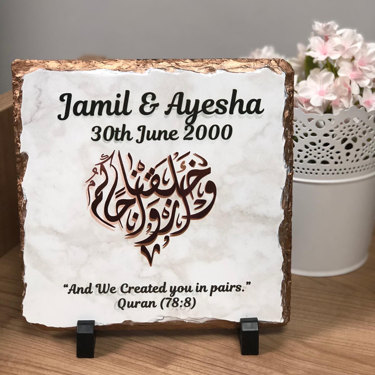 Gold Silver Rose Gold Edges Personalised Marble Effect Square Rock Slate With Stand