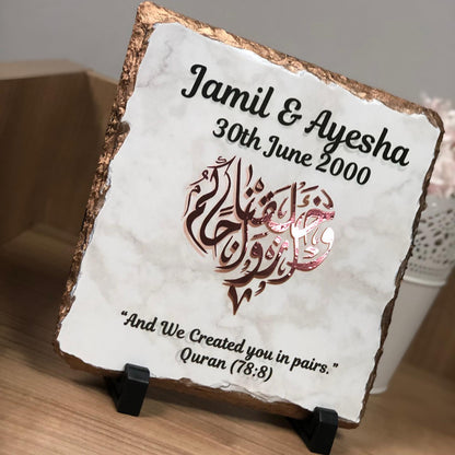 Gold Silver Rose Gold Edges Personalised Marble Effect Square Rock Slate With Stand