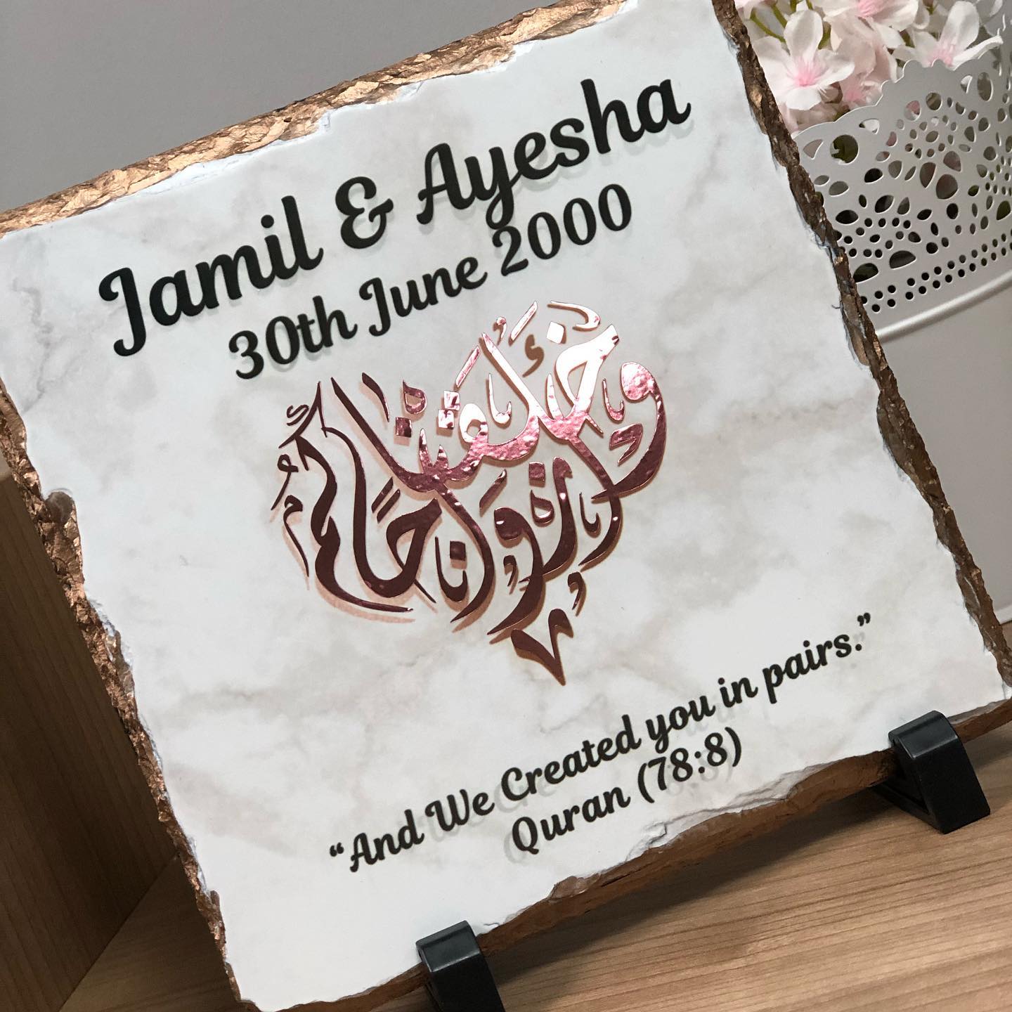 Gold Silver Rose Gold Edges Personalised Marble Effect Square Rock Slate With Stand