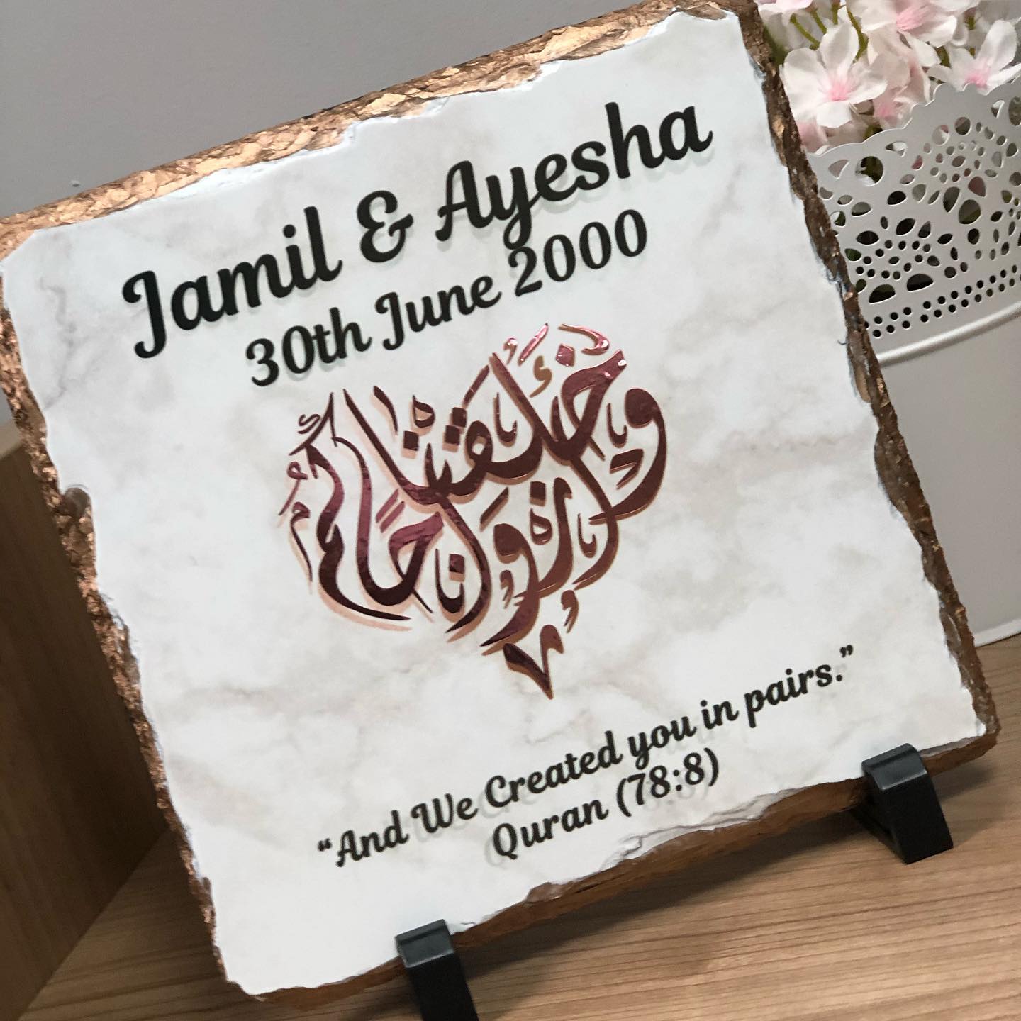 Gold Silver Rose Gold Edges Personalised Marble Effect Square Rock Slate With Stand