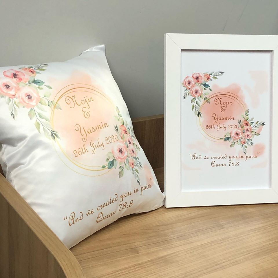 Peach Floral Wreath Wedding Gift Bundle Frame Satin Cushion Mugs Hamper Set