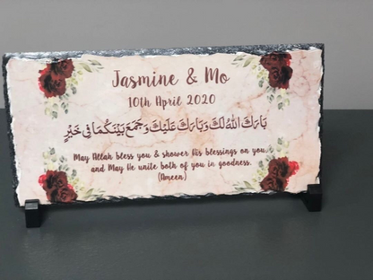 Personalised beige marble effect red roses floral Rock Slate with stand -Muslim Islamic Wedding Nikkah Couple Names Date Wedding date gift