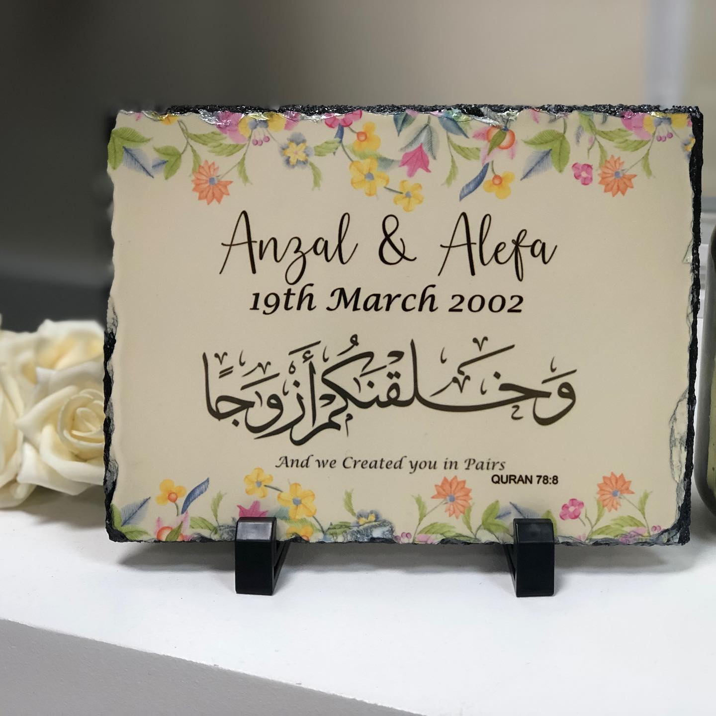 Custard Yellow Colourful Floral Design Personalised floral Rock Slate with stand with Couple Names Wedding Gift Idea Nikkah Gifts