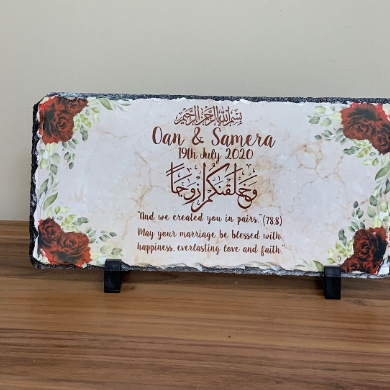 Personalised beige marble effect red roses floral Rock Slate with stand -Muslim Islamic Wedding Nikkah Couple Names Date Wedding date gift