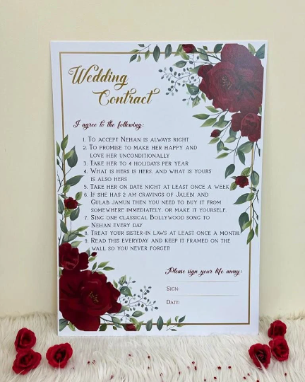 Personalised Marriage Contract Wedding Contract Fun Memorable Keepsakes Pink