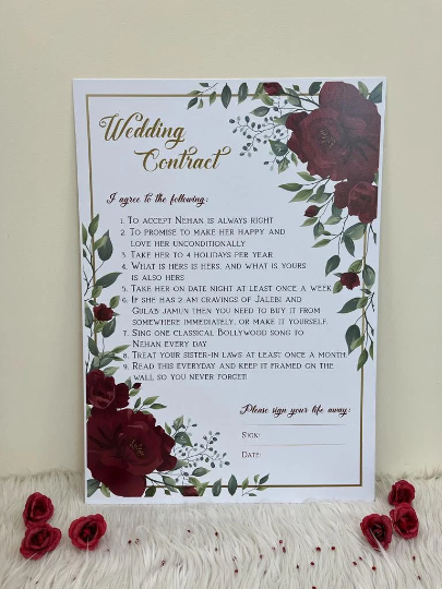 Personalised Marriage Contract Wedding Contract Fun Memorable Keepsakes Purple