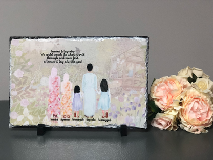 Personalised Family Sketch illustration on Rock Slate with stand Muslim Family