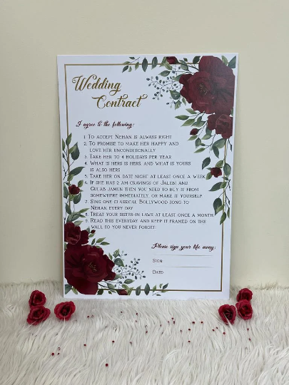 Personalised Marriage Contract Wedding Contract Fun Memorable Keepsakes Pink