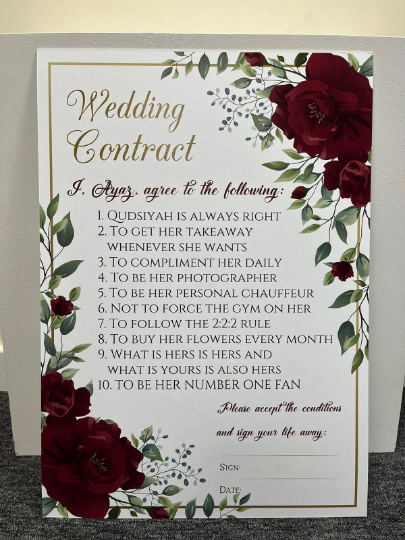 Personalised Marriage Contract Wedding Contract Fun Memorable Keepsakes Red