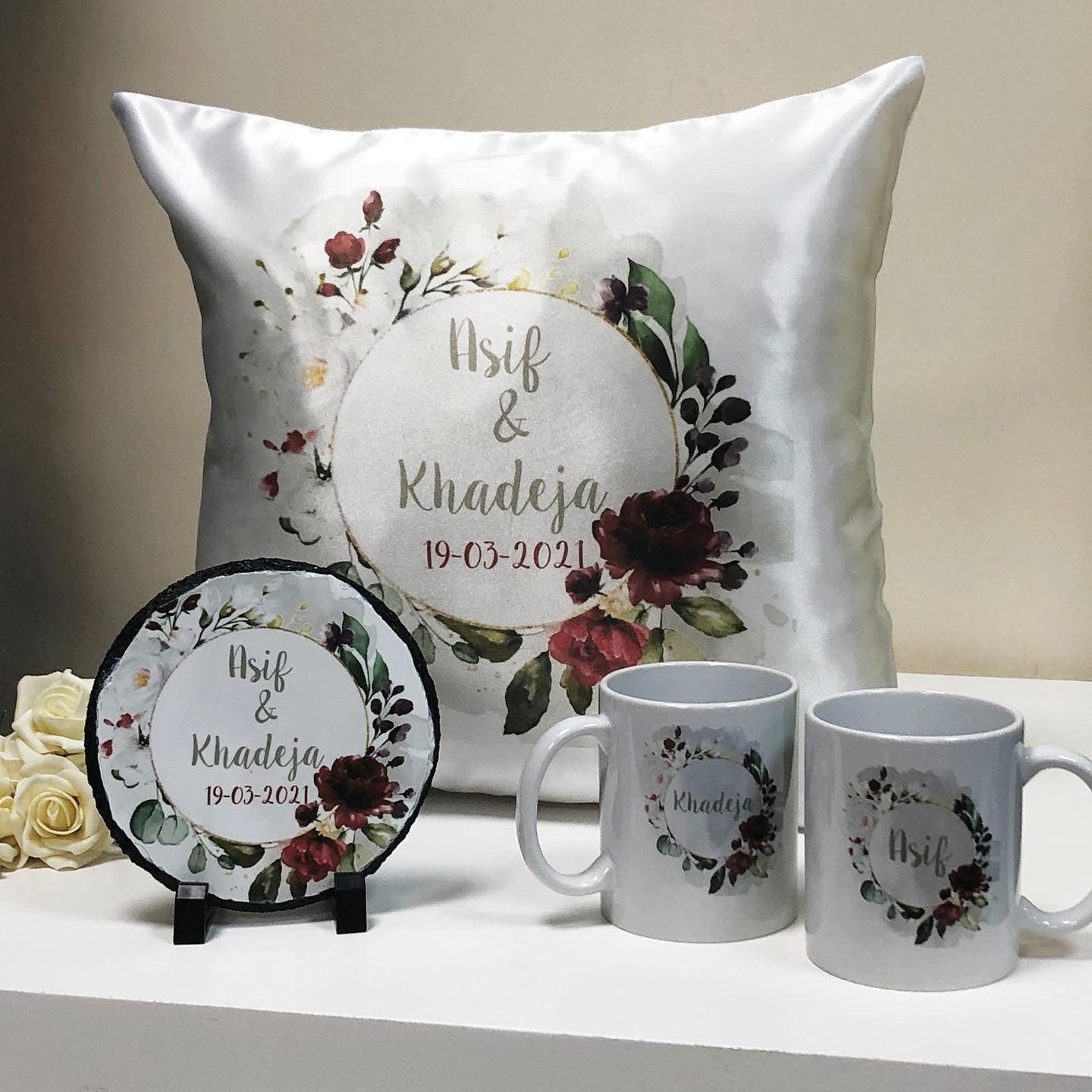 Grey & Maroon Floral Wreath Wedding Gift Bundle Frame Satin Cushion Mugs Slate Hamper Set Nikkah Gift Set