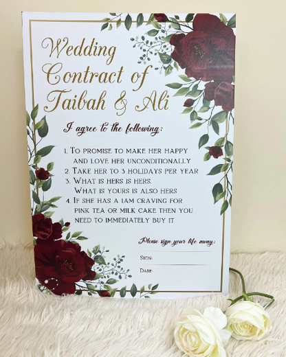 Personalised Marriage Contract Wedding Contract Fun Memorable Keepsakes Red