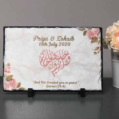 Personalised Marble effect Pink watercolour floral Rock Slate with stand -Muslim Islamic Wedding Nikkah Couple Names Date Wedding date gift