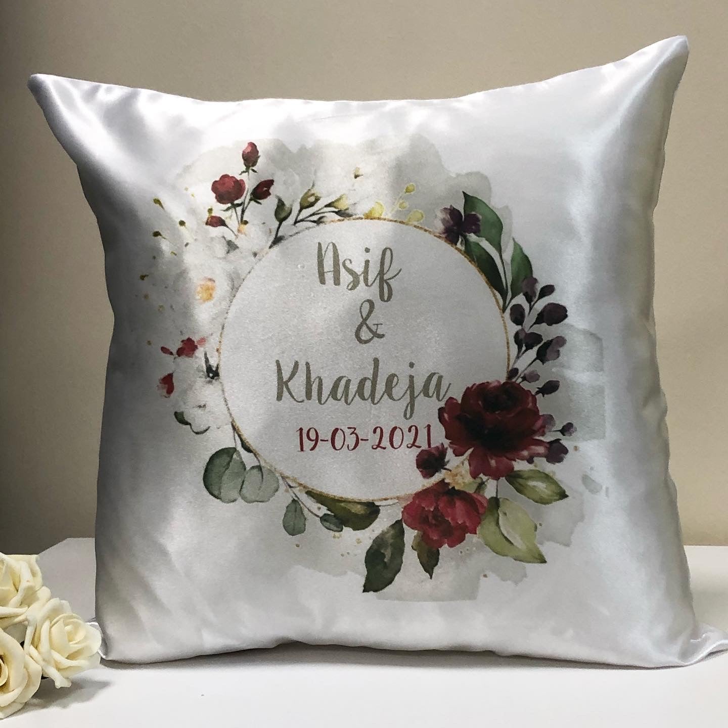 Grey & Maroon Floral Wreath Wedding Gift Bundle Frame Satin Cushion Mugs Slate Hamper Set Nikkah Gift Set