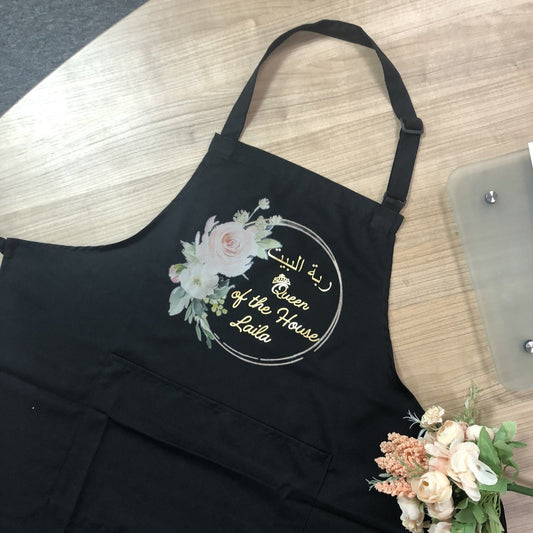 Personalised Apron Queen Of The House Name Print Floral Print With Gold Text