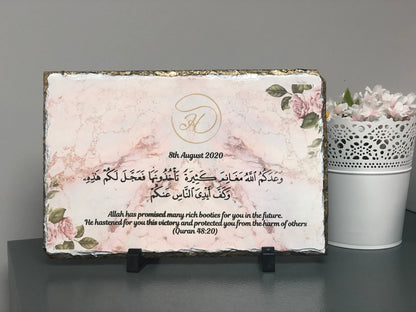 Gold Edges Personalised Pink Marble floral Rock Slate with stand - Can be personalised according to any occasion