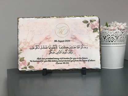 Gold Edges Personalised Pink Marble floral Rock Slate with stand - Can be personalised according to any occasion