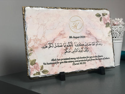 Gold Edges Personalised Pink Marble floral Rock Slate with stand - Can be personalised according to any occasion