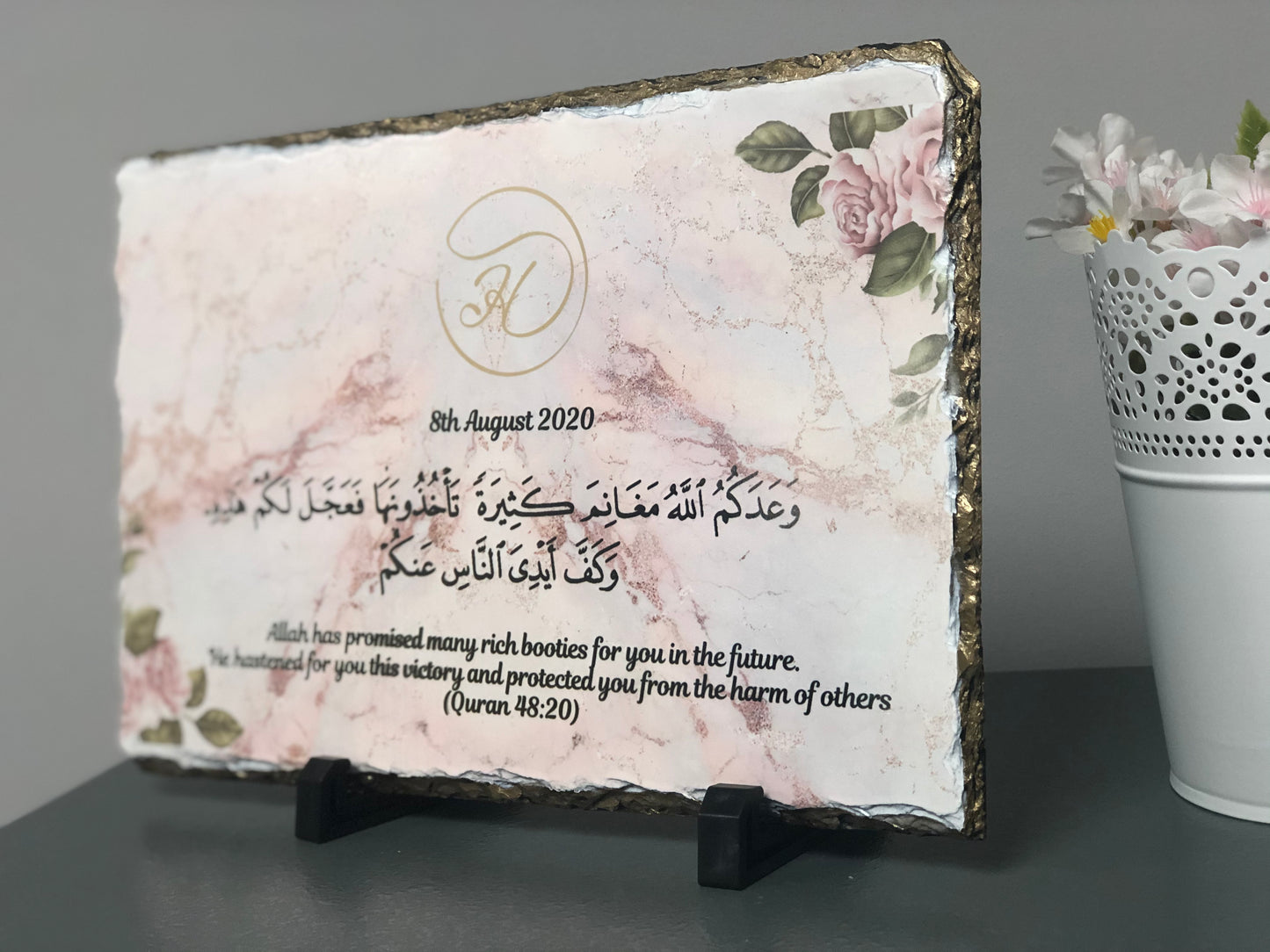 Gold Edges Personalised Pink Marble floral Rock Slate with stand - Can be personalised according to any occasion