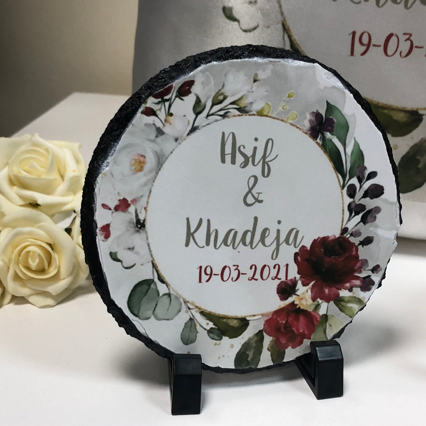 Grey & Maroon Floral Wreath Wedding Gift Bundle Frame Satin Cushion Mugs Slate Hamper Set Nikkah Gift Set