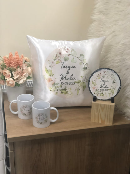 Pastel Floral Wreath Wedding Gift Bundle Frame Satin Cushion Mugs Slate Hamper Set