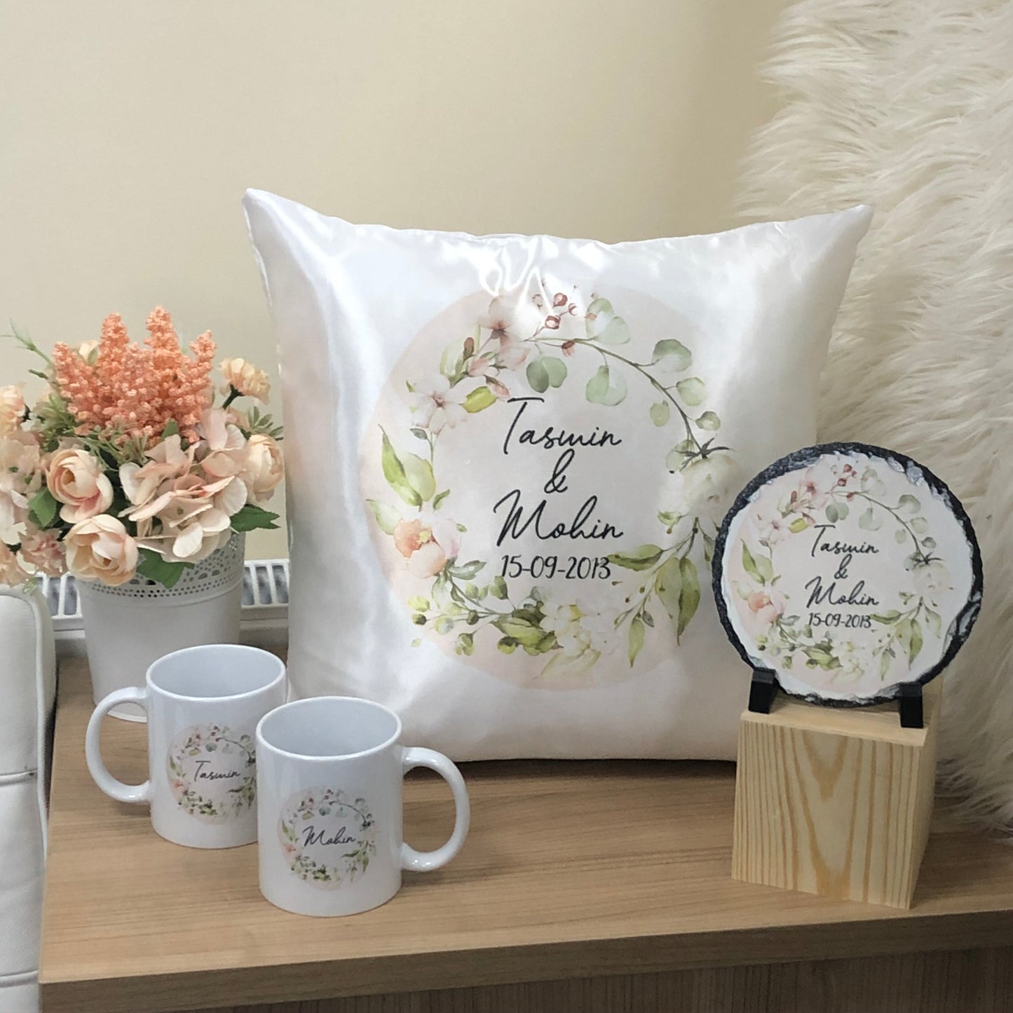 Pastel Floral Wreath Wedding Gift Bundle Frame Satin Cushion Mugs Slate Hamper Set