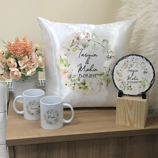 Pastel Floral Wreath Wedding Gift Bundle Frame Satin Cushion Mugs Slate Hamper Set