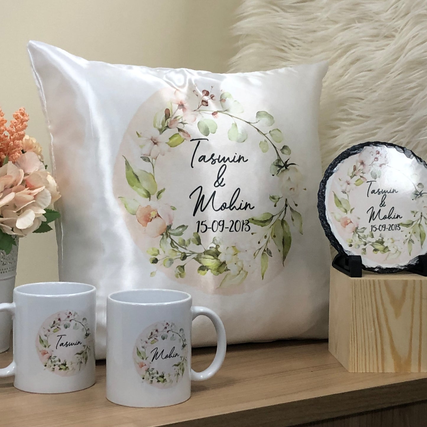 Pastel Floral Wreath Wedding Gift Bundle Frame Satin Cushion Mugs Slate Hamper Set