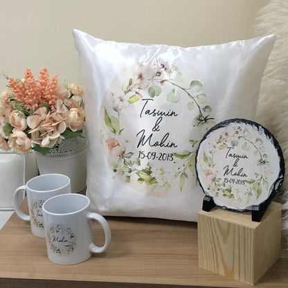 Pastel Floral Wreath Wedding Gift Bundle Frame Satin Cushion Mugs Slate Hamper Set