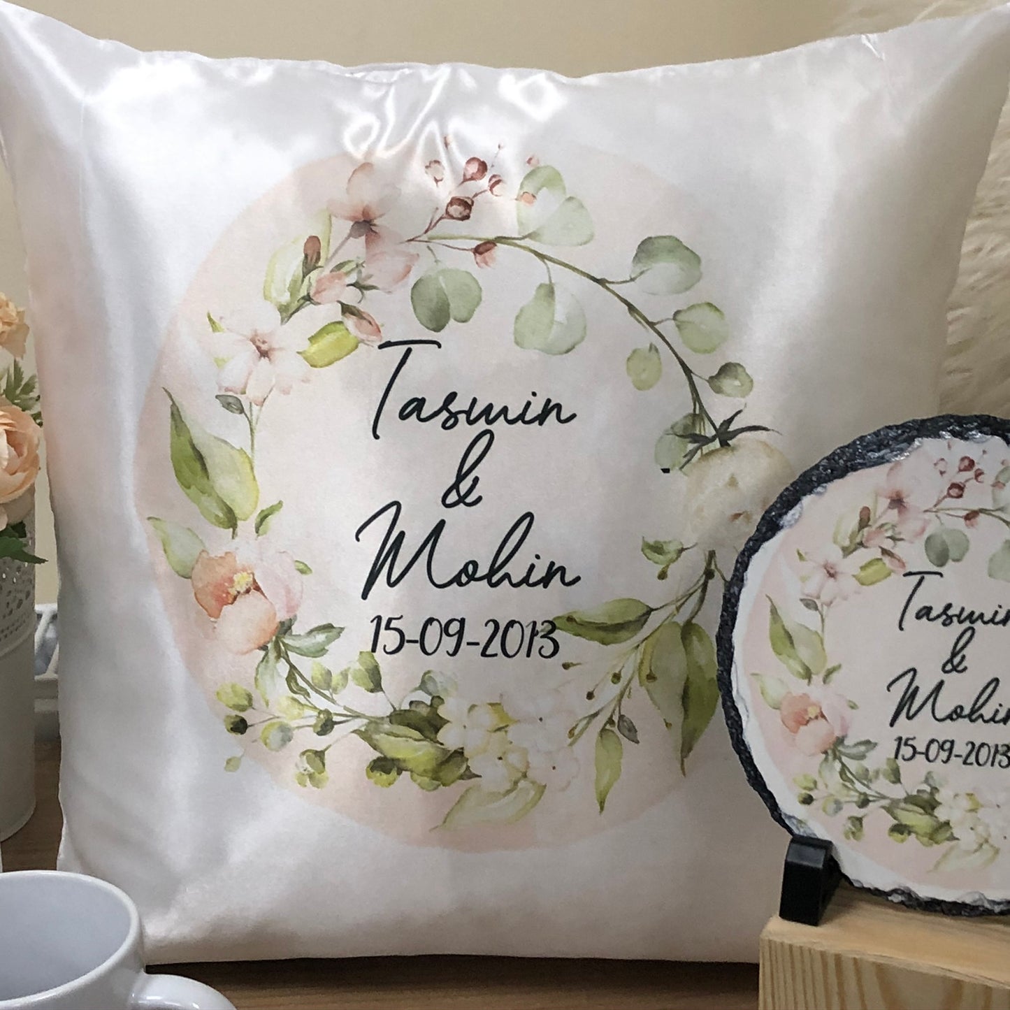 Pastel Floral Wreath Wedding Gift Bundle Frame Satin Cushion Mugs Slate Hamper Set