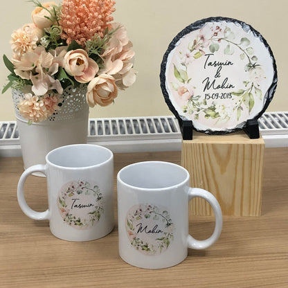 Pastel Floral Wreath Wedding Gift Bundle Frame Satin Cushion Mugs Slate Hamper Set