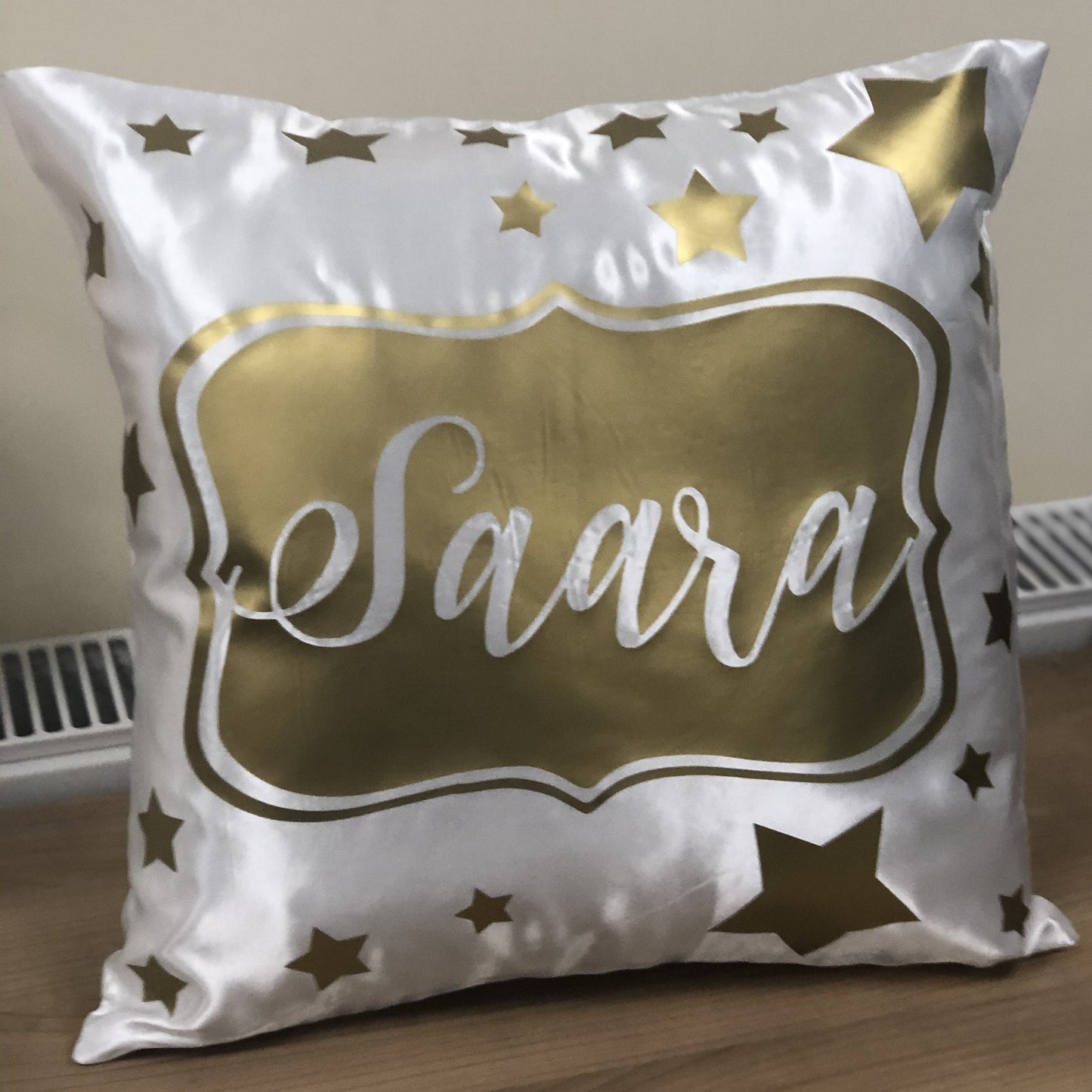 Kids Name Shiny Gold Stars Satin Personalised Cushion Cover Birthday Gift Decorative Cushion