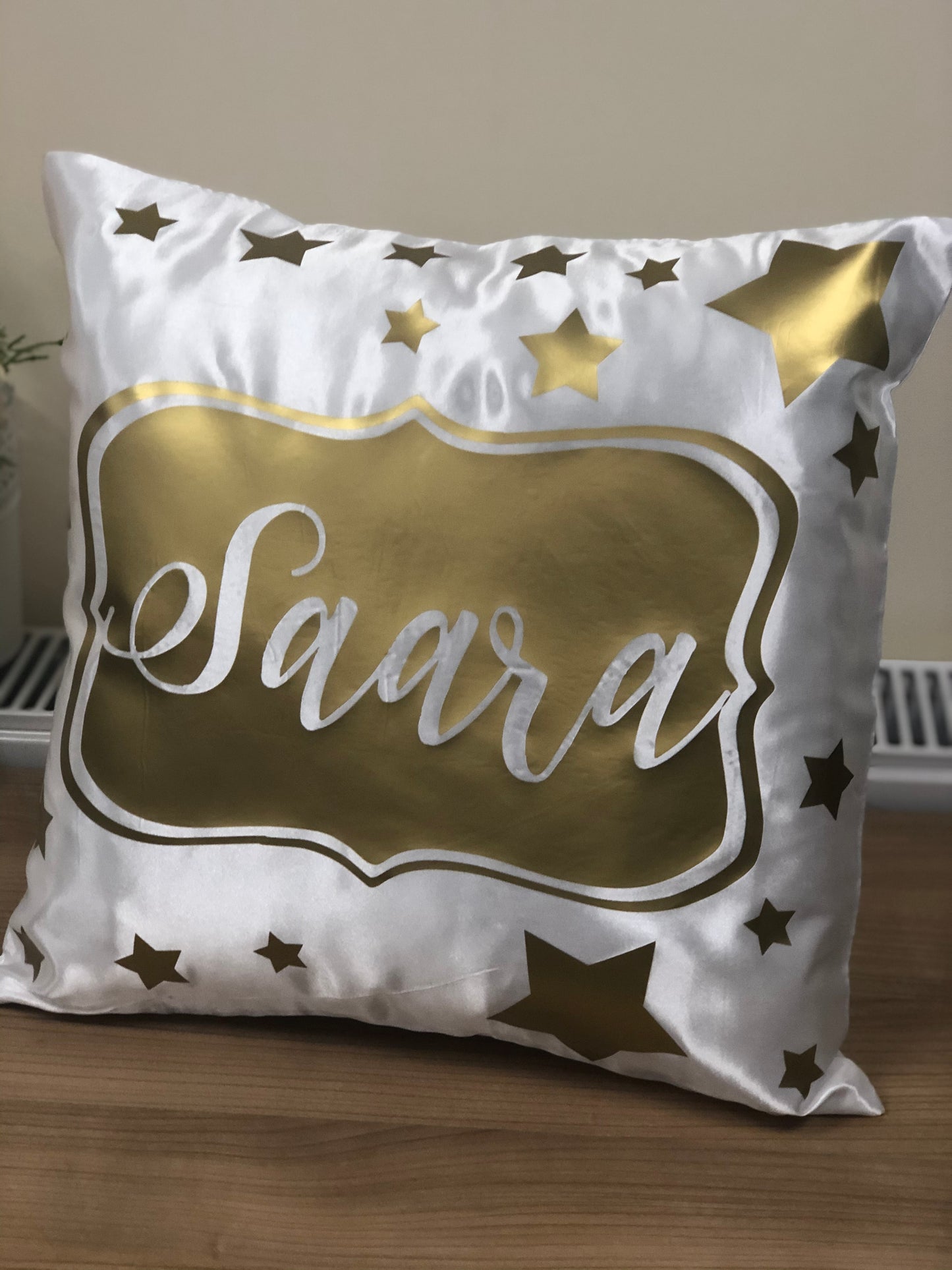 Kids Name Shiny Gold Stars Satin Personalised Cushion Cover Birthday Gift Decorative Cushion