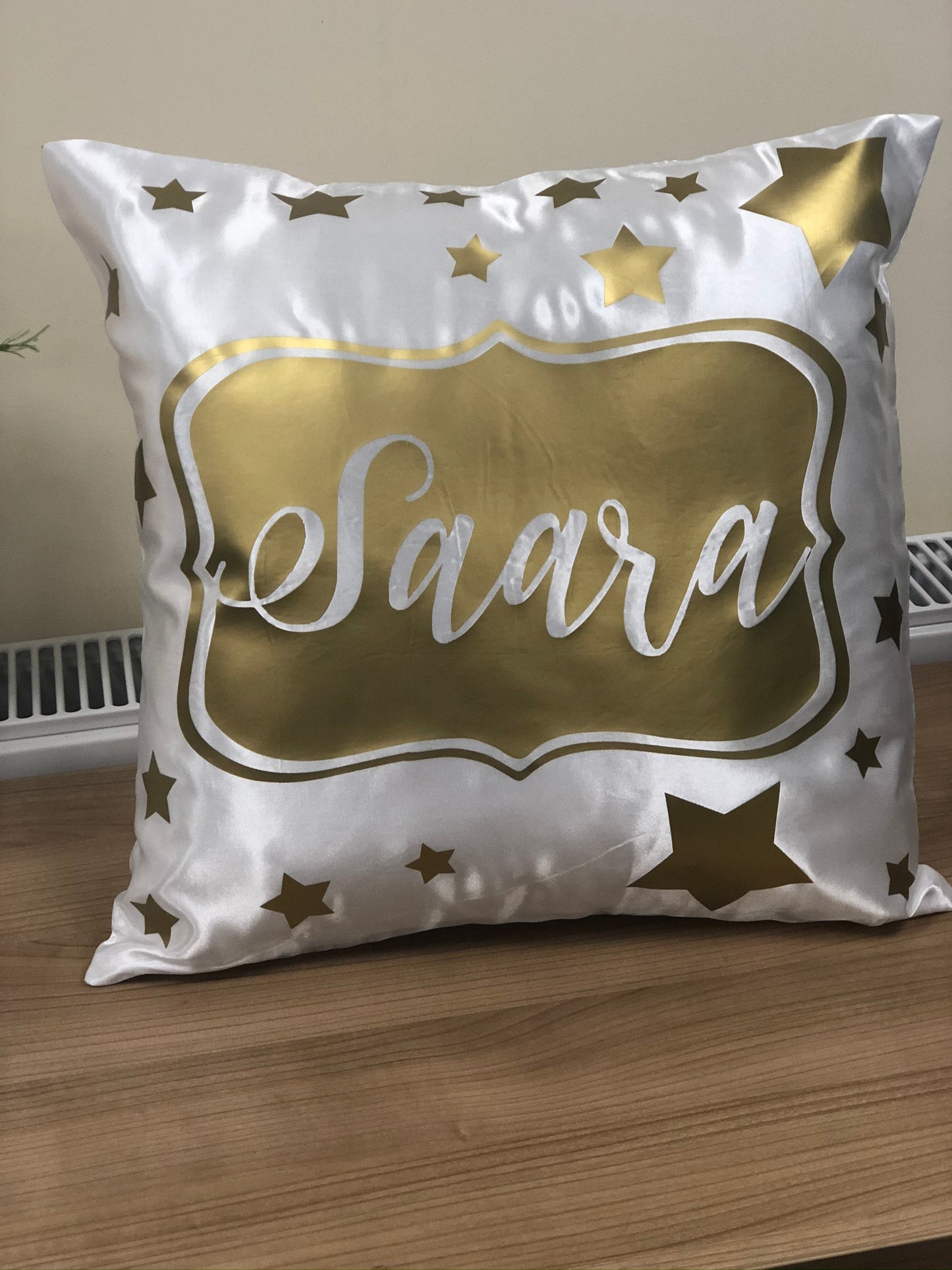 Kids Name Shiny Gold Stars Satin Personalised Cushion Cover Birthday Gift Decorative Cushion