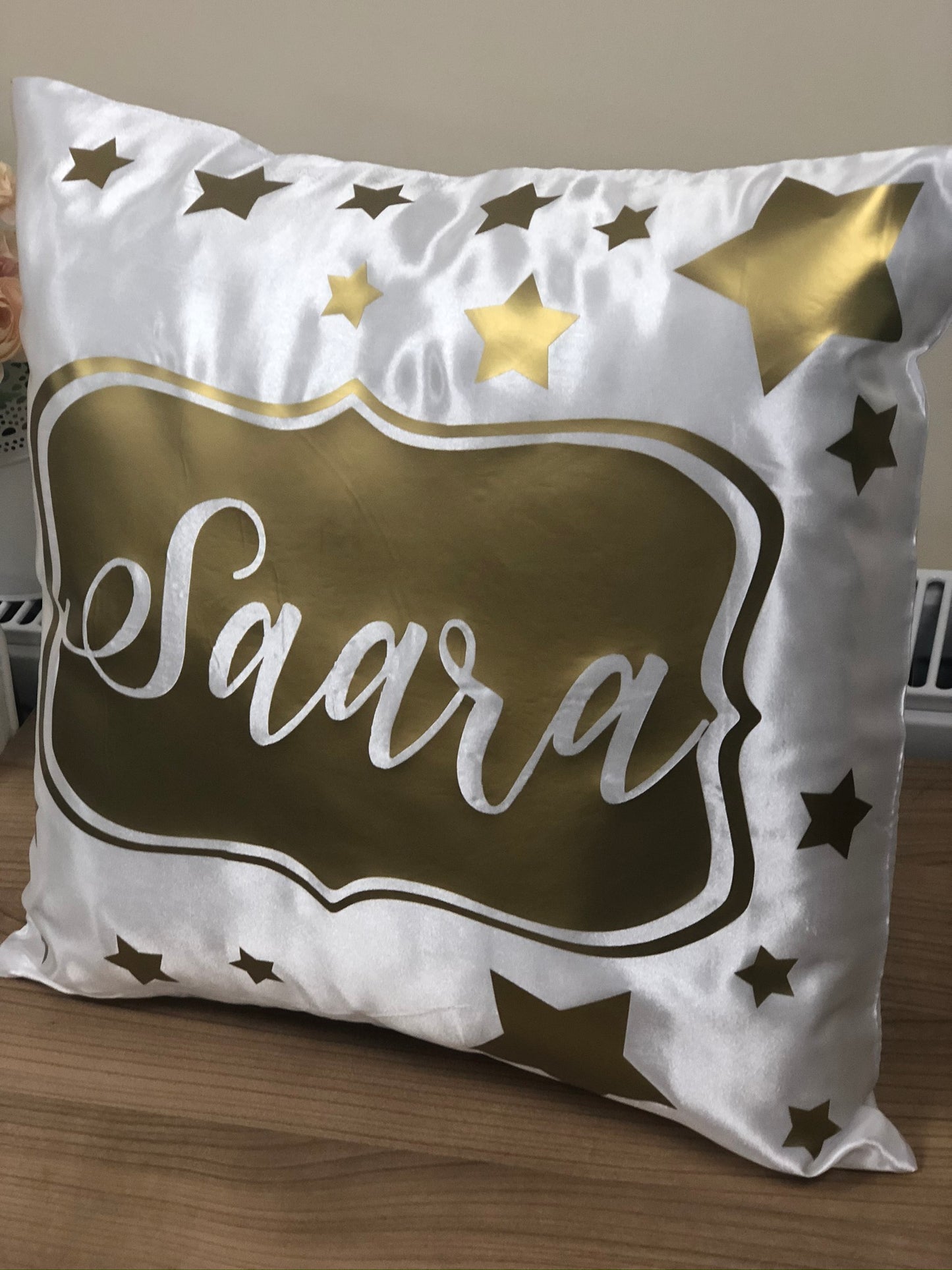 Kids Name Shiny Gold Stars Satin Personalised Cushion Cover Birthday Gift Decorative Cushion