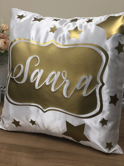 Kids Name Shiny Gold Stars Satin Personalised Cushion Cover Birthday Gift Decorative Cushion