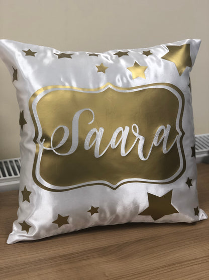 Kids Name Shiny Gold Stars Satin Personalised Cushion Cover Birthday Gift Decorative Cushion