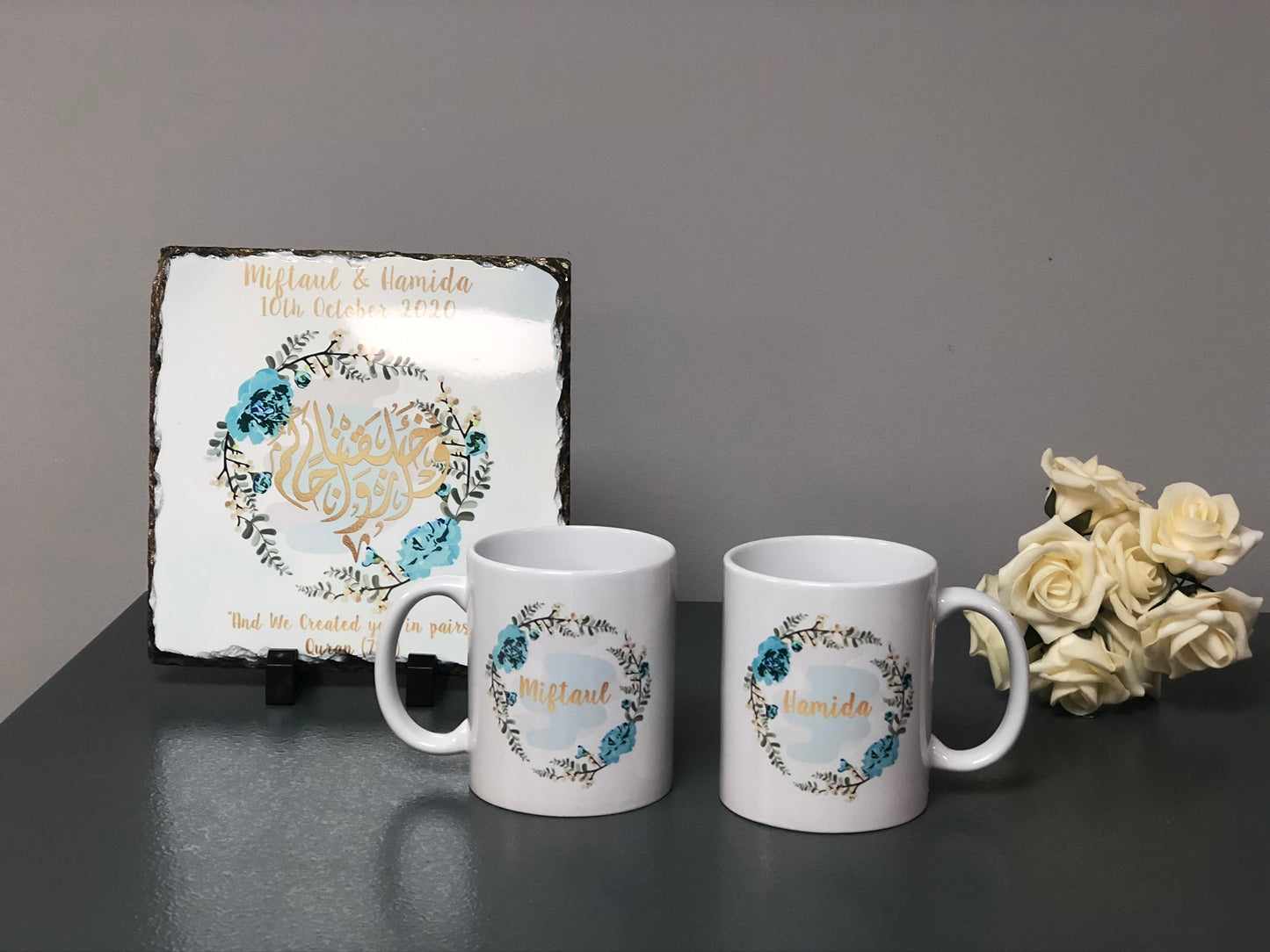 Pink/Blue Floral Wreath Wedding Gift Bundle Couple Mugs & Square Slate Hamper Set