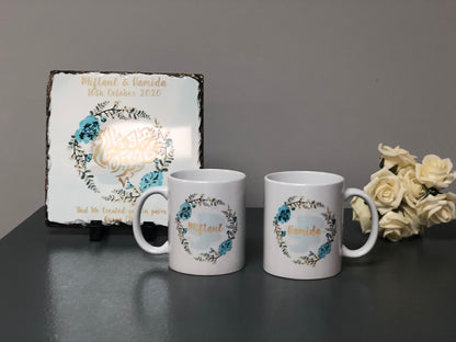 Pink/Blue Floral Wreath Wedding Gift Bundle Couple Mugs & Square Slate Hamper Set