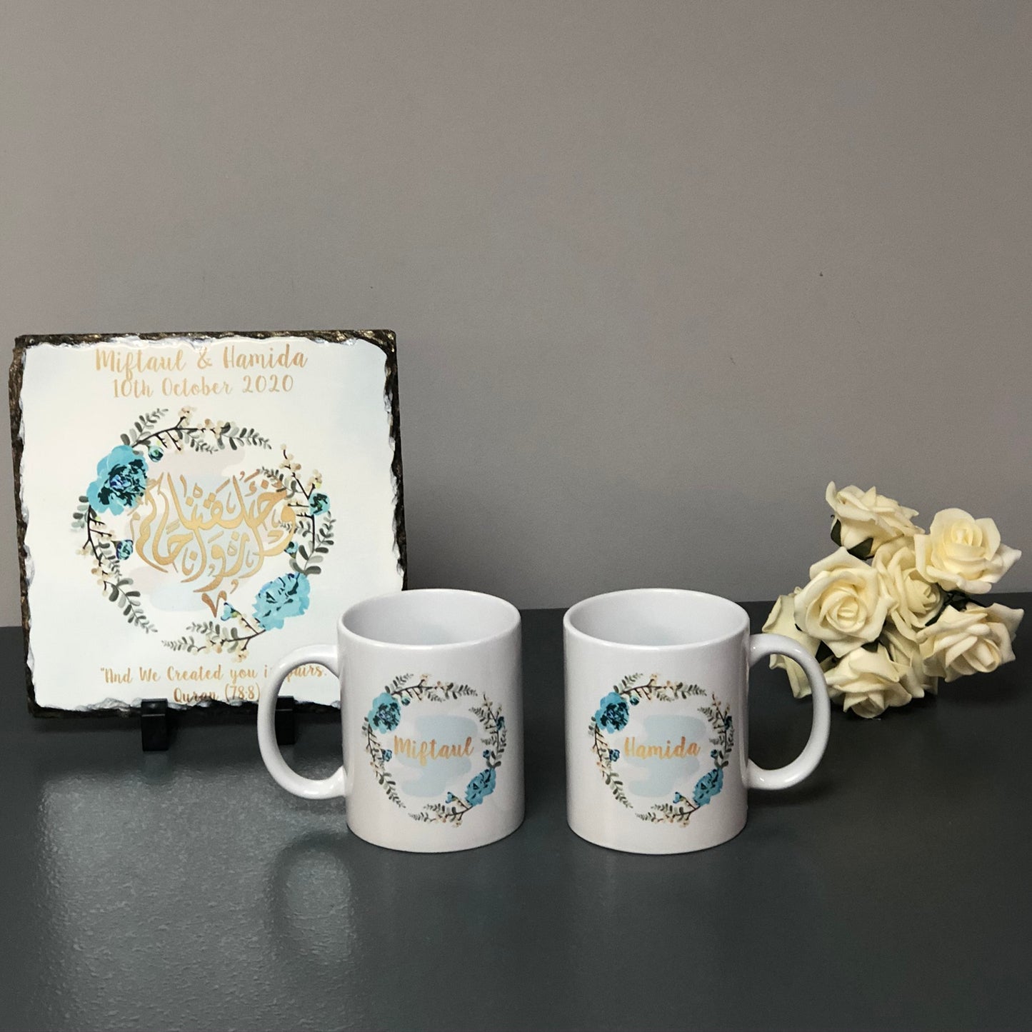 Pink/Blue Floral Wreath Wedding Gift Bundle Couple Mugs & Square Slate Hamper Set