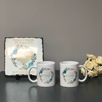 Pink/Blue Floral Wreath Wedding Gift Bundle Couple Mugs & Square Slate Hamper Set