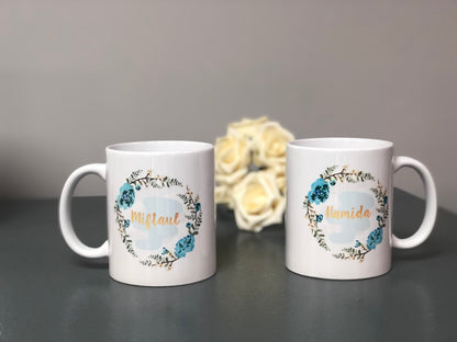 Pink/Blue Floral Wreath Wedding Gift Bundle Couple Mugs & Square Slate Hamper Set