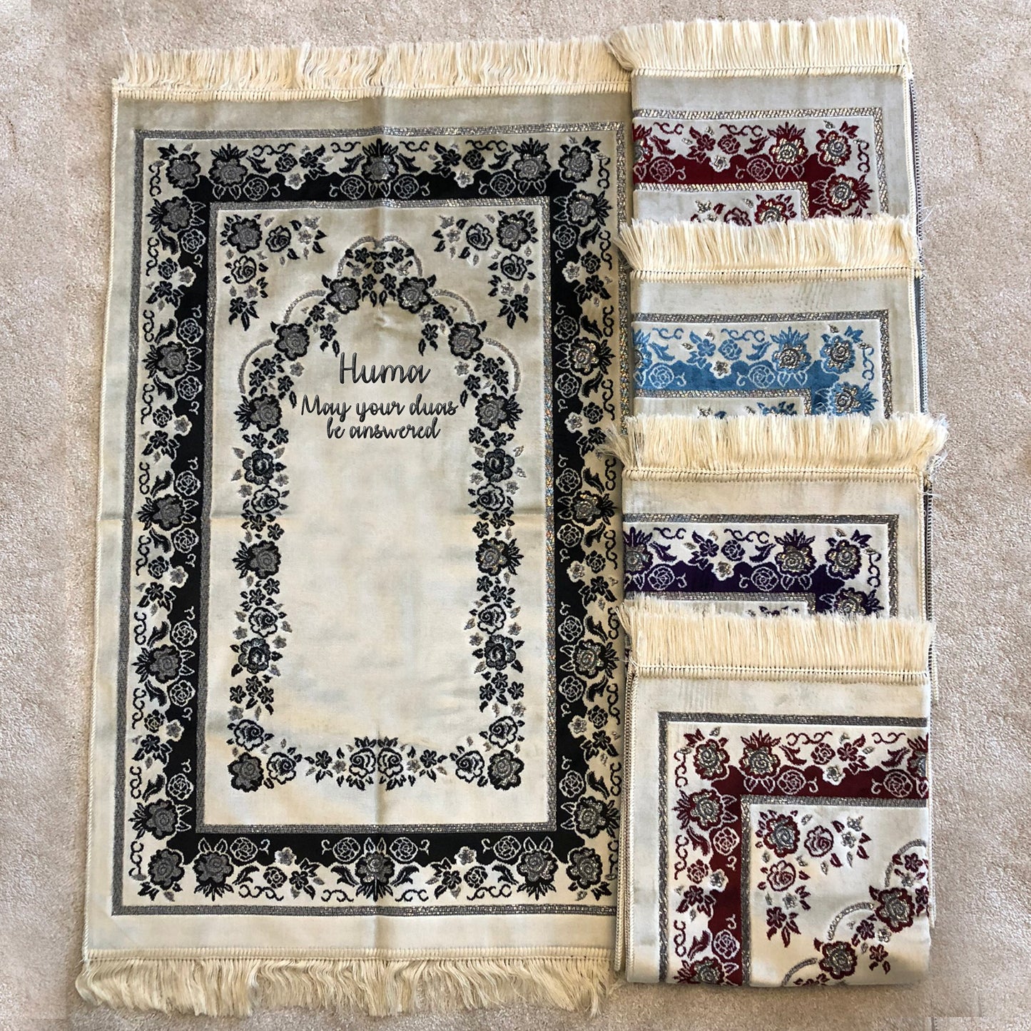 Personalised Embroidered Premium Velvet Rose Prayer Mats with Silver Edging details