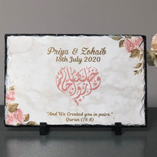 Personalised Marble effect Pink watercolour floral Rock Slate with stand -Muslim Islamic Wedding Nikkah Couple Names Date Wedding date gift