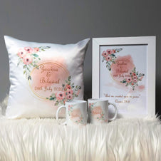 Peach Floral Wreath Wedding Gift Bundle Frame Satin Cushion Mugs Hamper Set